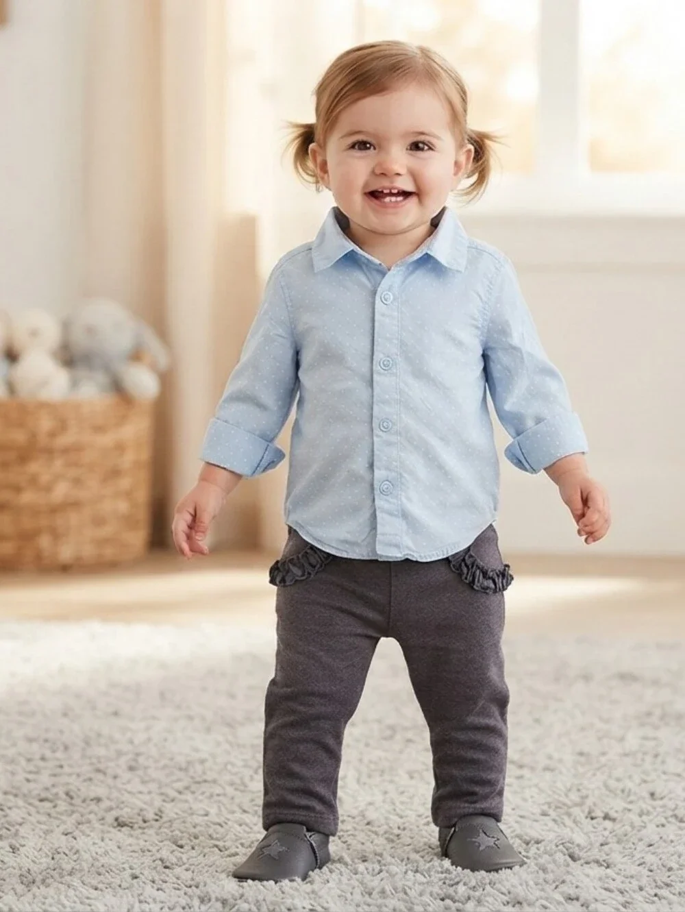 12M Light Blue Polka Dot Shirt and Dark Denim Jeggings